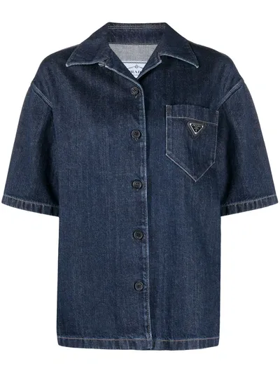 Prada Blue Logo Plaque Denim Shirt