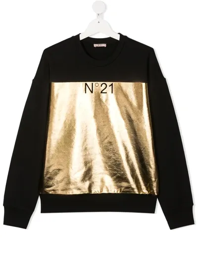 N°21 Kids' Metallic Logo Print Sweatshirt In Black