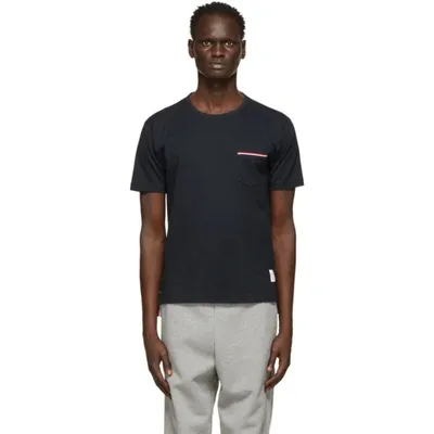 Thom Browne Tricolour-stripe Patch-pocket Cotton T-shirt In Navy