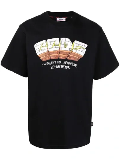 Gcds Flower Print Slogan T-shirt In Black