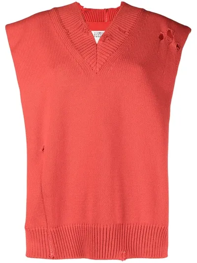 Maison Margiela Oversized Ripped Knitted Vest In Red