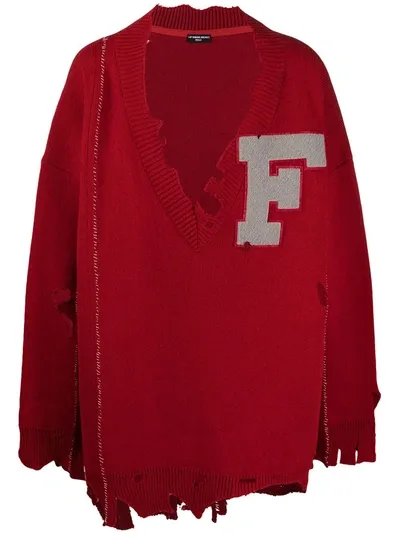 Raf Simons Distressed-effect V-neck Jumper In Red