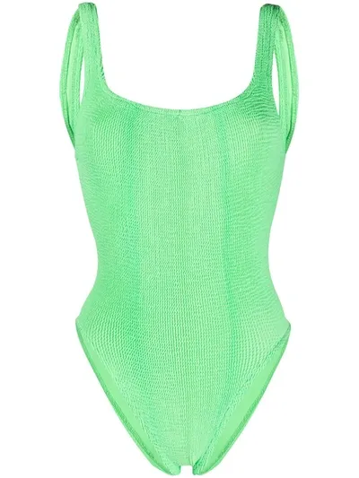 Hunza G Square Neck Crinkle-effect Swimsuit In Green