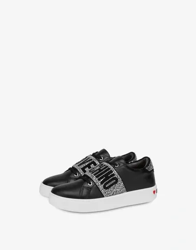 Love Moschino Crystal-embellished Leather Sneakers In Black