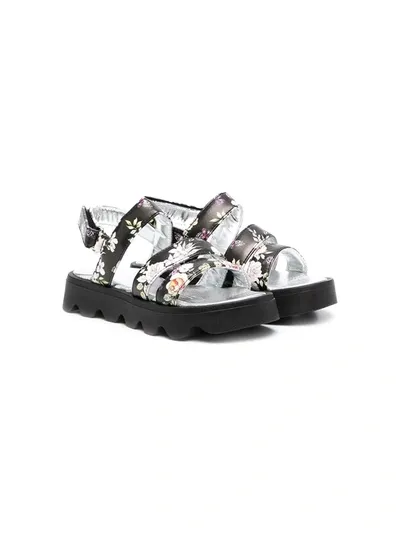 Monnalisa Kids' Floral-print Strap Sandals In Black