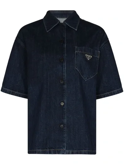 Prada Boxy-fit Logo Plaque Denim Shirt In Blue