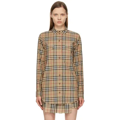 Burberry Turnstone Oversize Vintage Check Stretch Cotton Shirt In Beige