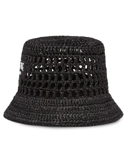 Prada Logo-embroidered Woven Bucket Hat In Black