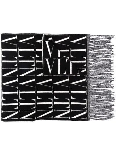 Valentino Vltn Logo Fringed Scarf In Nero Bianco