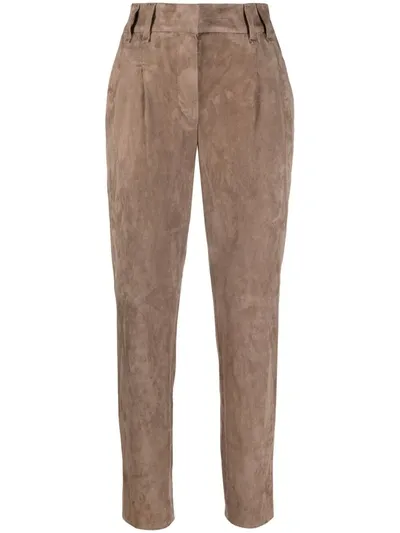 Brunello Cucinelli Tapered Suede Trousers In Braun