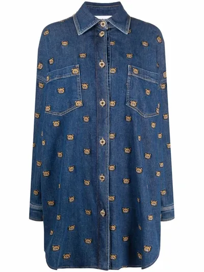 Moschino Teddy-embroidered Denim Shirtdress In Blau