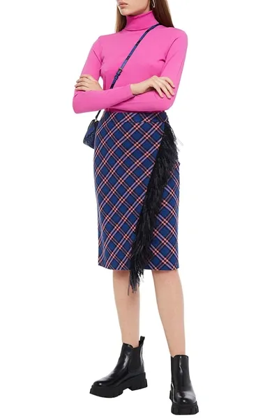 Boutique Moschino Wrap-effect Fringed Checked Wool-blend Skirt In Cobalt Blue