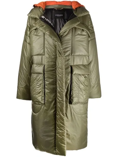 Versace Hooded Puffer Coat In Green