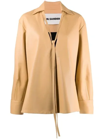 Jil Sander Tie-neck Long-sleeved Leather Blouse In Neutrals