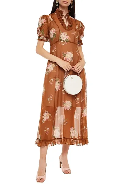 Coach Ruffled Floral-print Chiffon Midi Dress In Brown