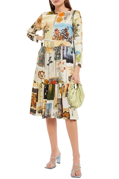 Vivetta Gathered Printed Satin Midi Dress In Beige