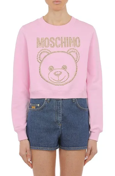 Moschino Studded Teddy Cropped Sweatshirt In Pink