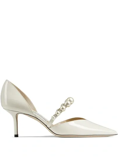 Jimmy Choo Aurelie 65 Pearl-embellished Patent-leather Courts In White