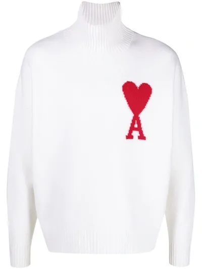 Ami Alexandre Mattiussi Ami De Coeur Roll-neck Wool Jumper In White