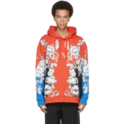 Valentino Orange & Blue Dark Blooming Logo Hoodie In Red