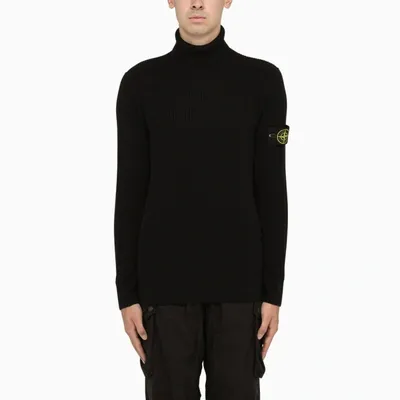 Stone Island Dark Blue Ribbed Turtle Neck Sweater In Green