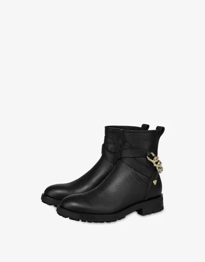 Love Moschino Chain Heart Biker Boot In Black