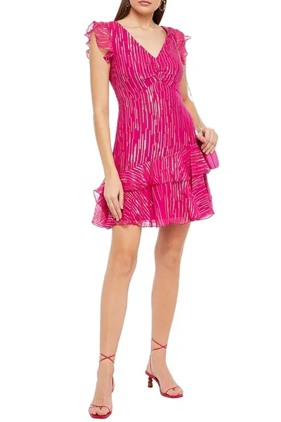 Saloni Ruffled Metallic Silk-blend Jacquard Mini Dress In Magenta