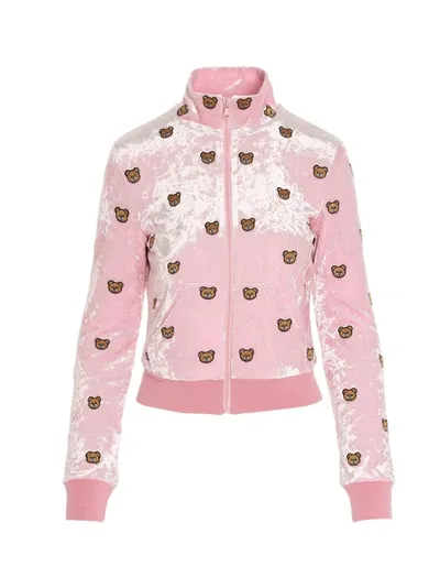 Moschino Teddy Embroidery Stretch Velour Sweatshirt In Pink