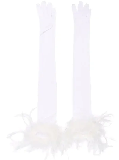 Styland Feather-trim Long Gloves In White