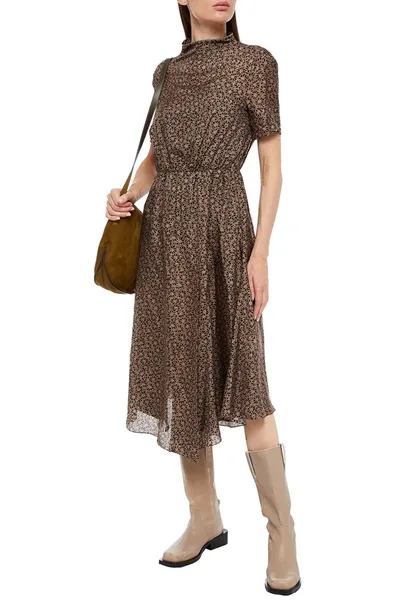 Brunello Cucinelli Bead-embellished Printed Silk Midi Dress In Brown