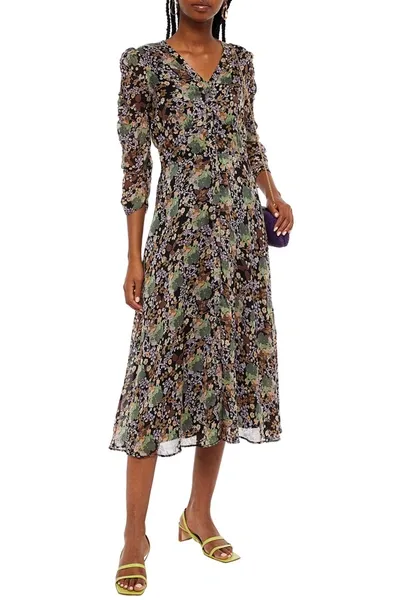 Bytimo Shirred Floral-print Chiffon Midi Dress In Black