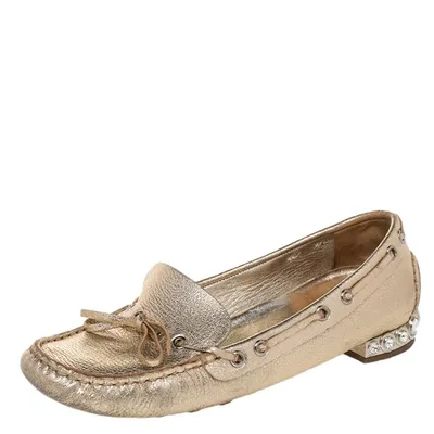 Pre-owned Miu Miu Metallic Gold Crystal Embellished Slip On Loafers Size 36.5