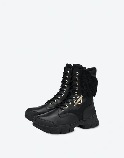 Love Moschino Calfskin And Nylon Trekking Combat Boot In Black