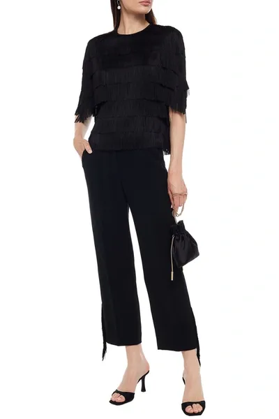 Lela Rose Cropped Fringed Stretch-crepe Straight-leg Pants In Black