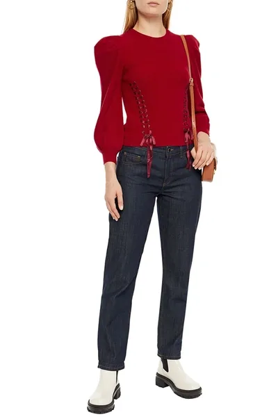 Autumn Cashmere Lace-up Satin-trimmed Cashmere Sweater In Red