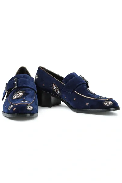 Zimmermann Buckled Embroidered Velvet Loafers In Navy