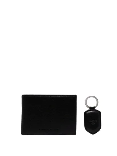 Emporio Armani Folded Leather Wallet And Tag In Black