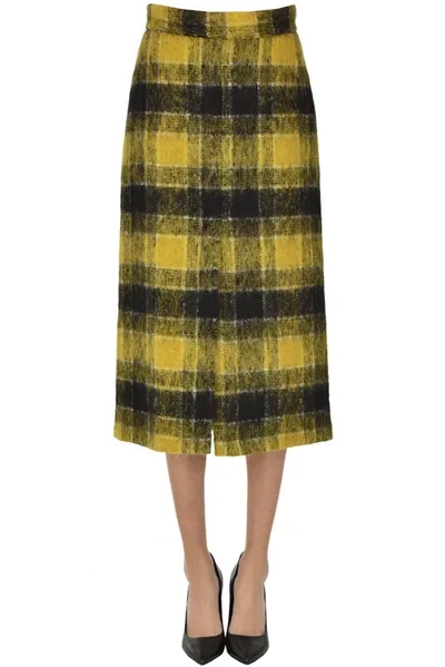 Red Valentino Brushed Checked Wool-blend Felt Midi Skirt In Yellow