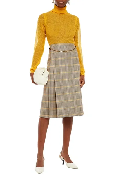 Victoria Beckham Chain-embellished Pleated Prince Of Wales Checked Wool Skirt In Beige