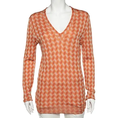 Pre-owned Bottega Veneta Orange Chevron Knit V-neck Long Sleeve Sweater M