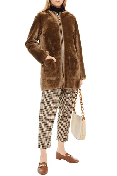 Sandro Reversible Leather-trimmed Shearling Coat In Brown