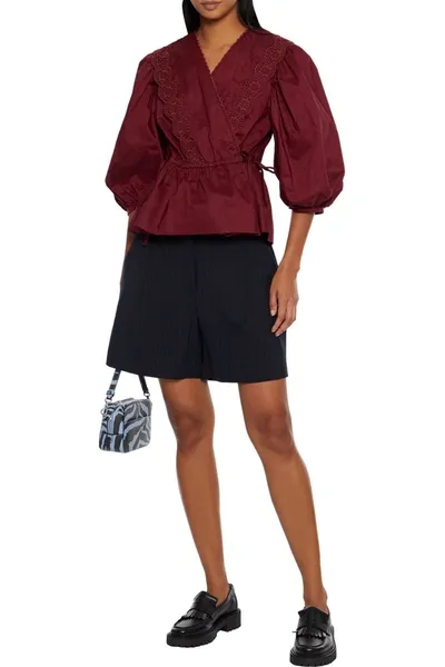 See By Chloé Broderie Anglaise Cotton Wrap Top In Burgundy