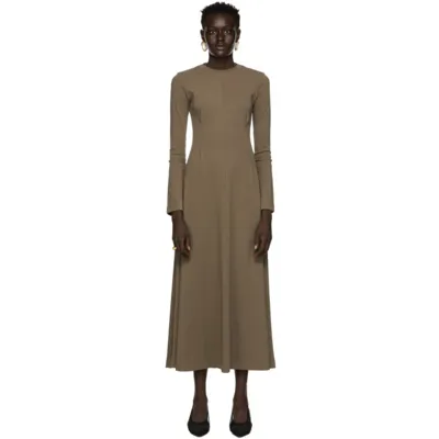 Caes Brown Detail Waist Long Dress In Khaki