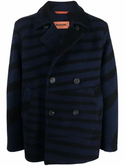 Missoni Stripe Double Breasted Coat In Blue