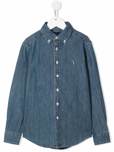 Ralph Lauren Kids' Embroidered-logo Denim Shirt In Blue