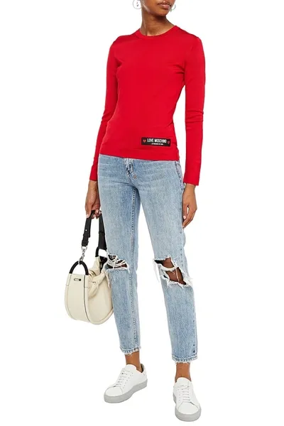 Love Moschino Appliquéd Stretch-knit Sweater In Red