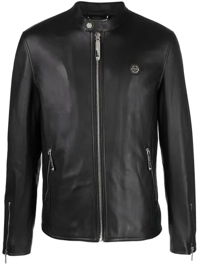 Philipp Plein Logo Zipped Biker Jacket In Black  