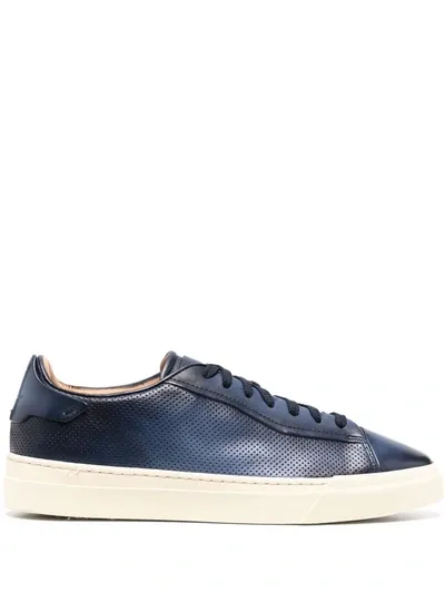 Santoni Debossed-logo Leather Trainers In Blue