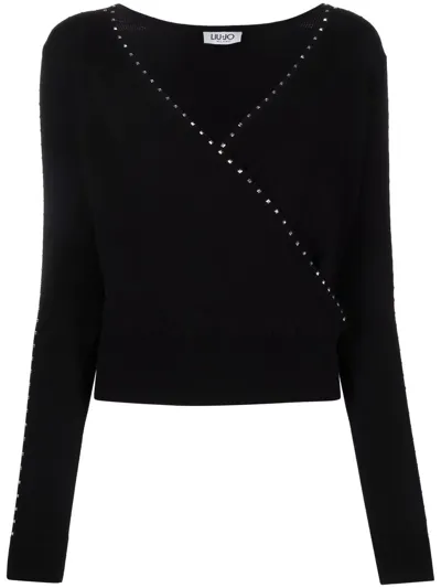 Liu •jo Stud-detail Knitted Wrap-front Top In Black