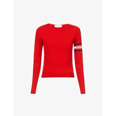 Marine Serre Logo-intarsia Open-back Wool-blend Jumper In Flaming Red